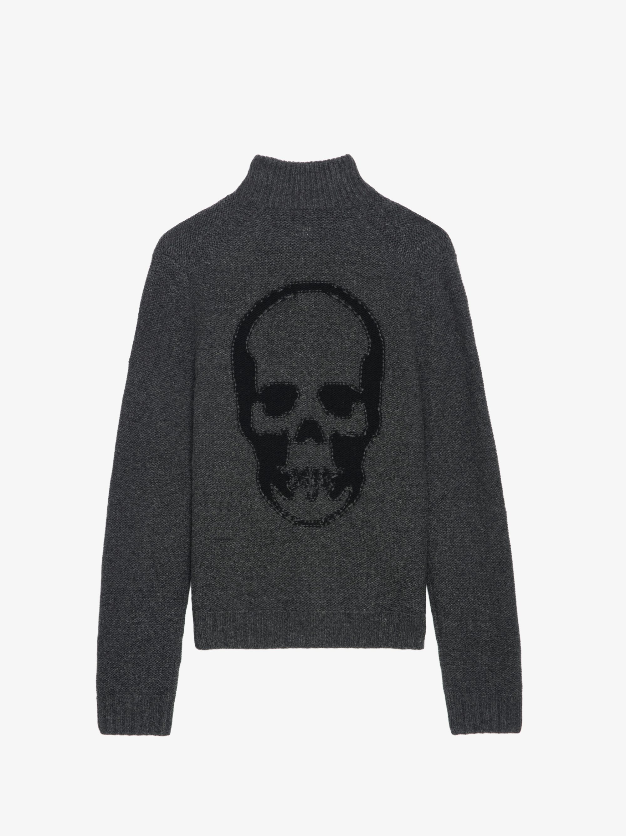 Cardigan Charly 100% Merinowolle - Cardigan mit Reißverschluss aus 100% dunkelgrauer Merinowolle mit Stehkragen, langen Ärmeln und Skull-Muster auf der Rückseite.